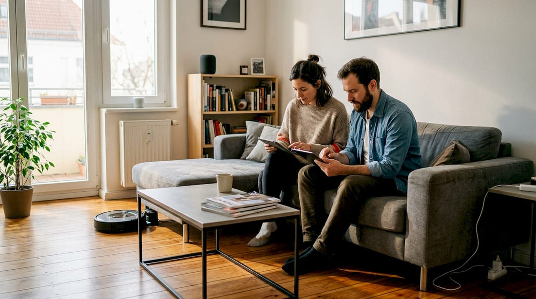 Couple controlling smart devices in Berlin apartment