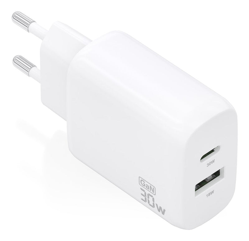 Aisens Charger GaN 30W, 1x USB-C PD 3.0 QC4.0, 1x USB-A QC3.0, White