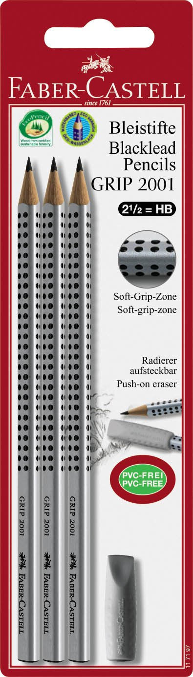 Faber Castell 3 Pencils Grip 2001 Triangular Hb + 1 Rubber Borrar Grey Blister — image 1