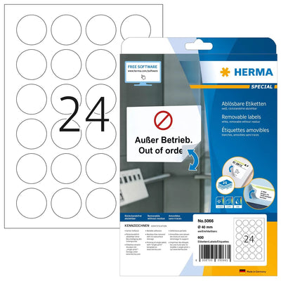 Herma Removable Round Labels 40 25 Sheets Din A4 600 Pcs. 5066 Labels — image 1