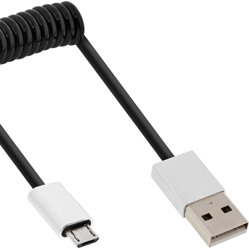 Inline Cable Espiral Micro-USB 2.0, Connector USB-A a Connector Micro-b, Black/Aluminium Flexible, 3M