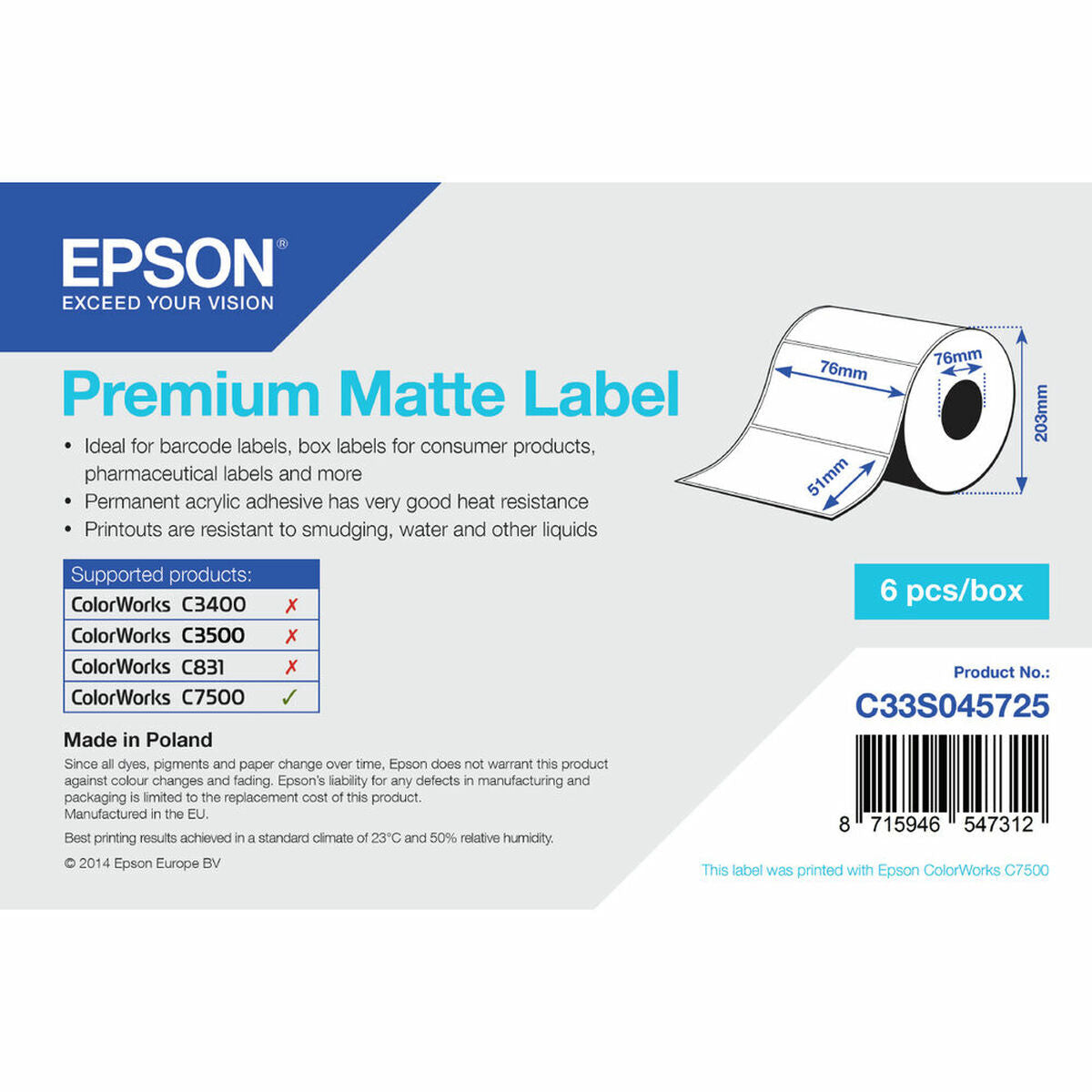 Epson Printer Labels Epson C33S045725 76 X 51 Mm White (1 Unit)