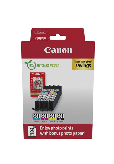 Canon CLI581 Pack 4 Cartridges Ink Originales - 50 Hojas Paper Fotografico - 2106C005/2106C006 — image 1