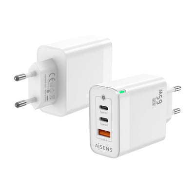 Aisens Charger GaN 65W - 2x USB-C PD 3.0 QC4.0 - 1x USB-A QC3.0 - White — image 1