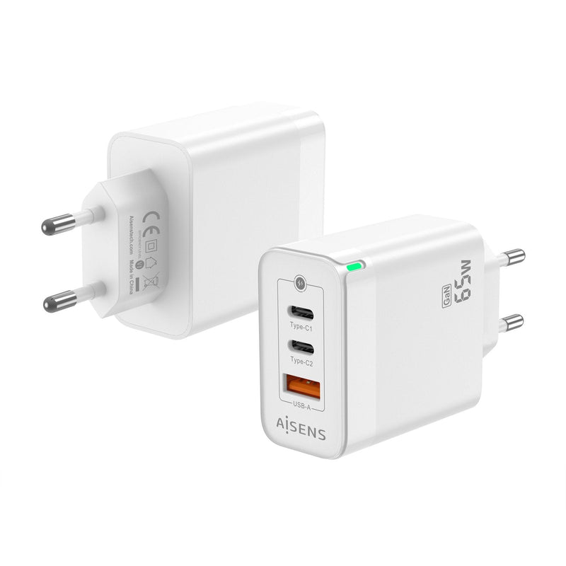 Aisens Charger GaN 65W - 2x USB-C PD 3.0 QC4.0 - 1x USB-A QC3.0 - White