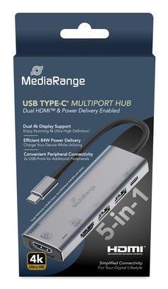 Mediarange Hub USB-C 5 In 1 Multiport Adapter Silver — image 1