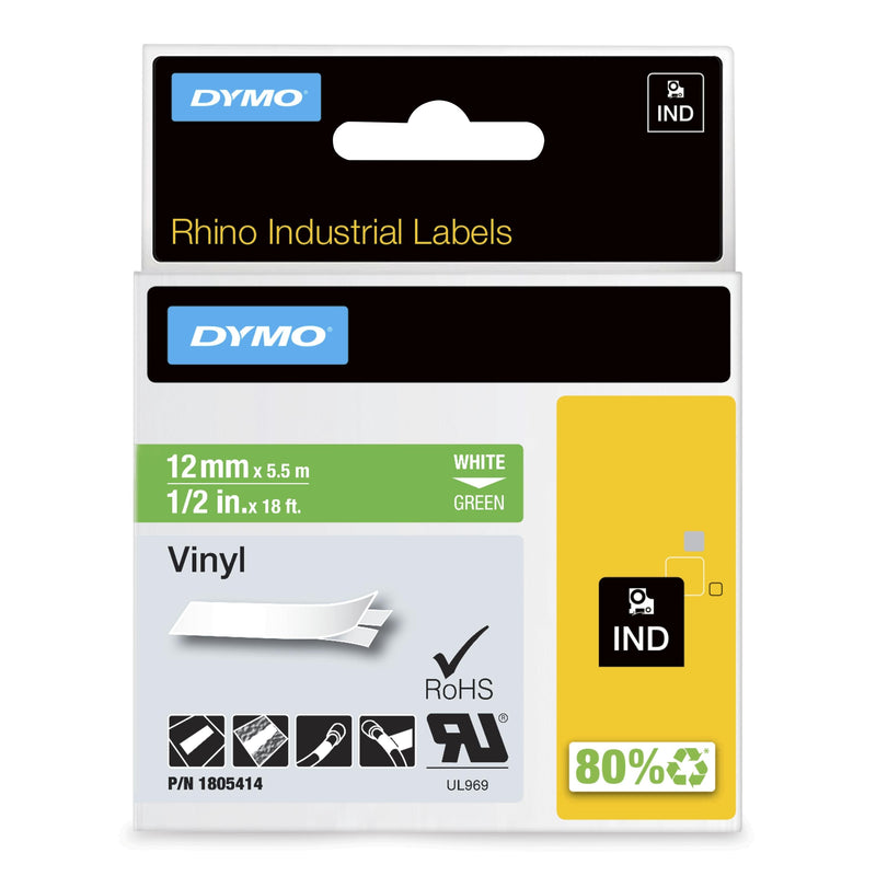 Dymo Rhino Tape Labels Industrial Adhesiva ID1-12, White Sobre Green 12MMX5'5M, Vinilo