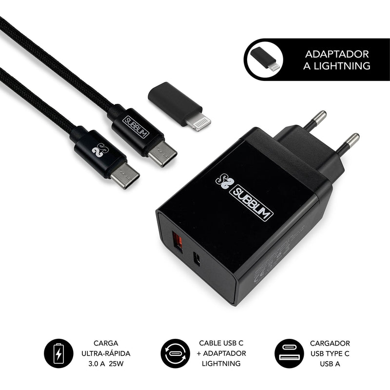 Subblim Charger PD25W + QC3.0 + C To C/Lightning Cable B