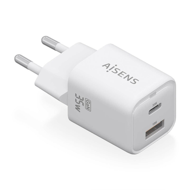 Aisens Charger GaN 35W, 1x USB-C PD 3.0 QC4.0, 1x USB-A QC3.0, White
