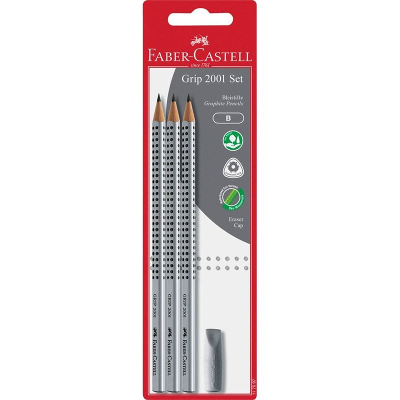 Faber Castell Set Of Pencils Graphite Grip 2001 B + Rubber Capuchón Blister 4 Pieces