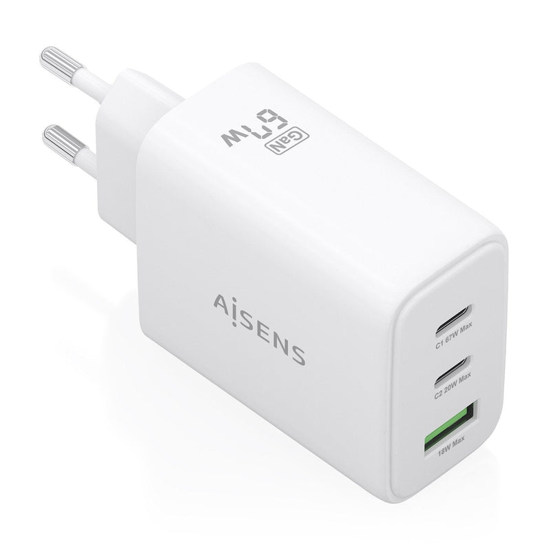 Aisens Charger GaN 67W, 2x USB-C PD 3.0 QC4.0, 1x USB-A QC3.0, White