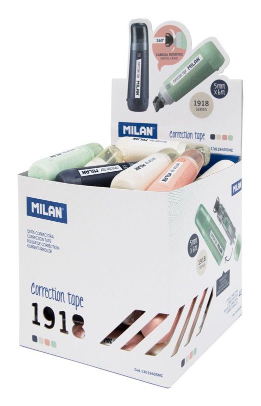 Milan 1918 Bucket Expositor 40 Cintas Correctoras Cilindrias - Dimensions 5X6M - Rotacion Punta 360º - Colours