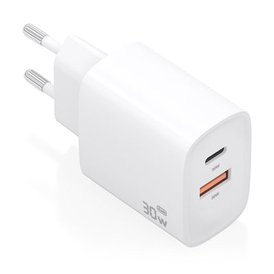 Aisens Charger GaN 30W, 1x USB-C PD 3.0 QC4.0, 1x USB-A QC3.0, White — image 1