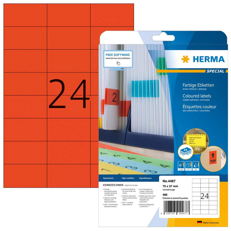 Herma Labels A4 Red 70X37 Mm Paper Matte 480 Units