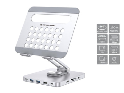 Conceptronic Docking USB-C Stand 1XHDMI4K 2x USB-A 3.0 1x USB-C 1x USB-C PD100W 1X3,5MM 1XSD/Sdmicro — image 1