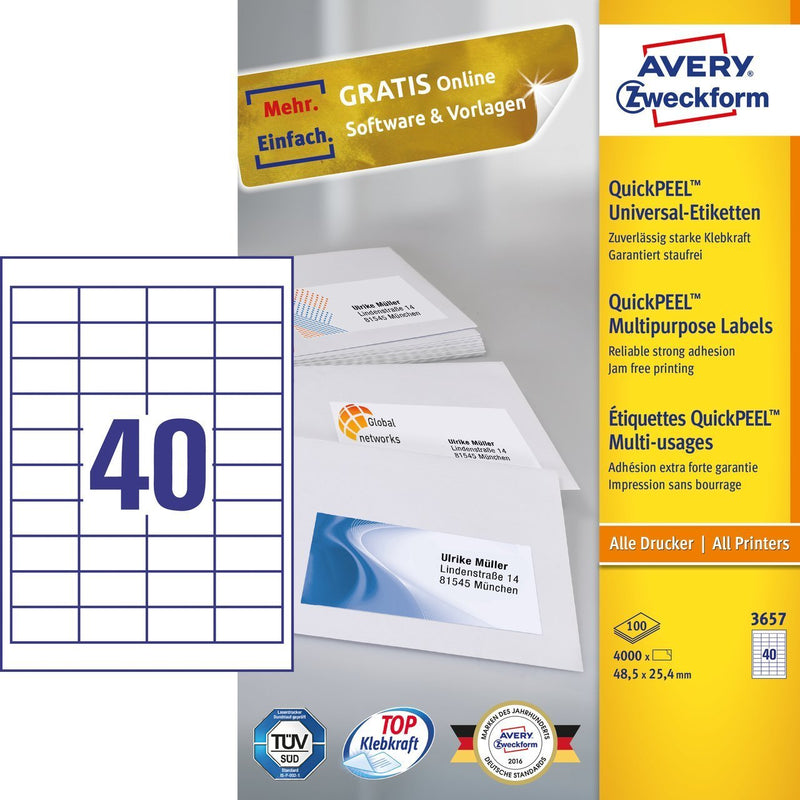 Avery Zweckform 3657 Label Self-adhesive Rectángulo Permanente White 4000 Pieces 52,5 X 29,7MM, A4