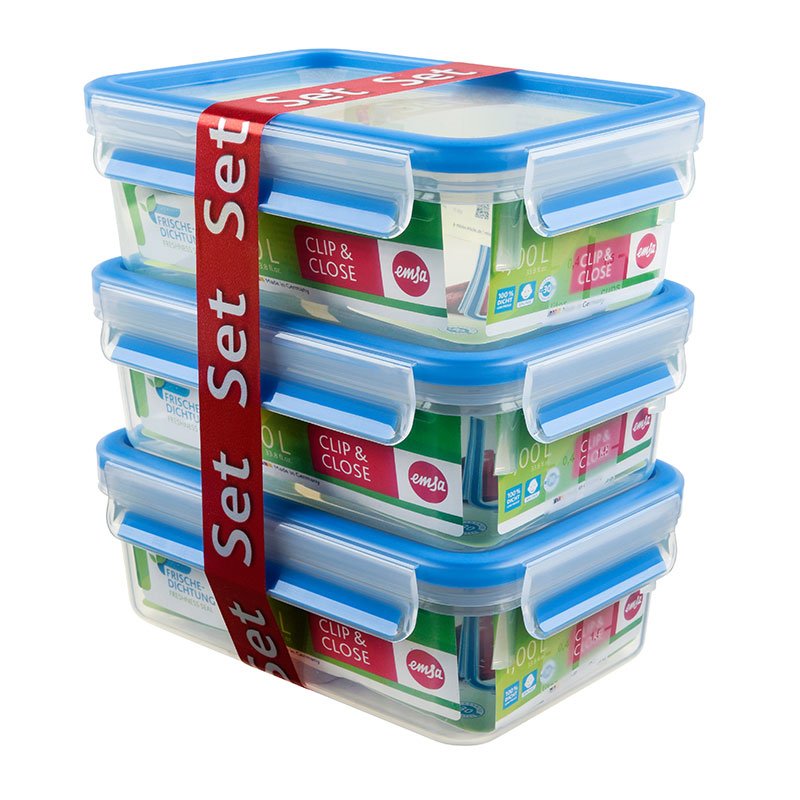 Emsa Clip & Close Recipientes Conservar Alimentos 1,0 Litros Transparent/Blue Rectangulares, 3 Units 508558