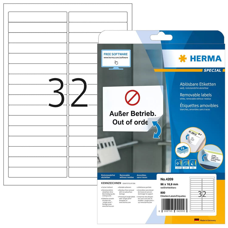 Herma Removable Labels 96X16,9 25 Sheets Din A4 800 Pcs. 4209 Labels