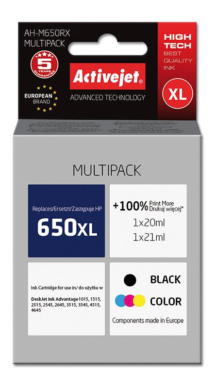 Activejet Ink Ah-M650RX (reemplazo HP 650 CZ101 / CZ102 - Premium - 1 X 20ML 1 X 21ML - Colour Black