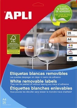 Apli Pack 100 Hojas Labels 97X42,4MM Removibles Inkjet/Láser/Fotocopiadoras Cantos Rectos White