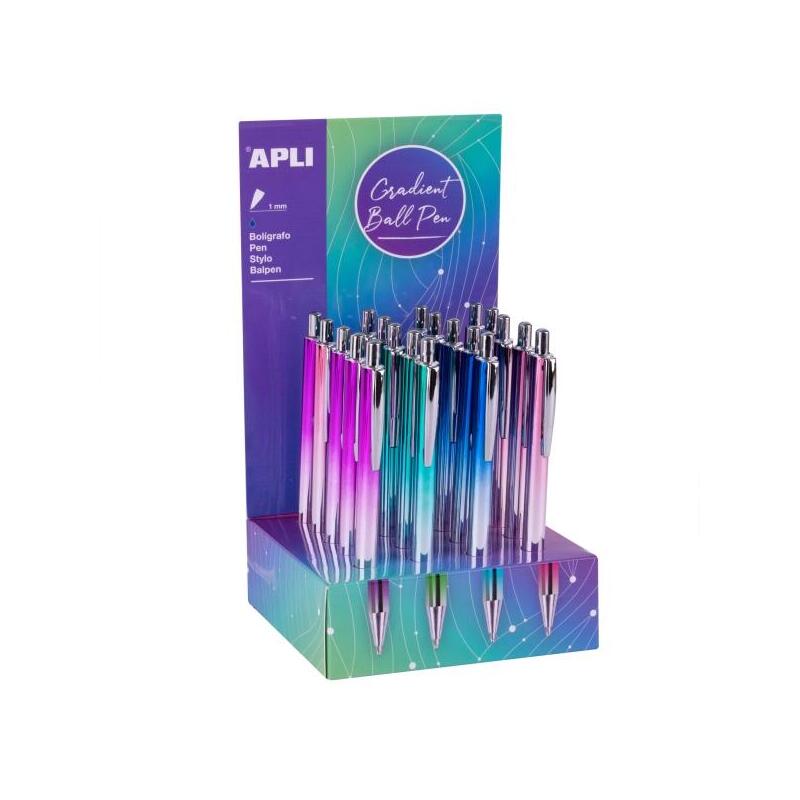 Apli Gradient Expositor With 20 Pens Metalicos Retractiles - Punta 1MM - Ink Colour Blue - Colours Gradient