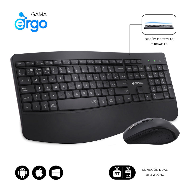 Subblim Keyboard Spanish Combo Mouse Prowave Inalamb Ergo Black