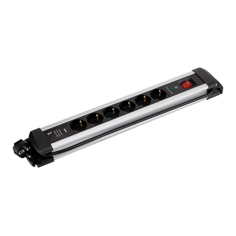 Base Múltiple, 6 Sockets Schuko 2P + T, 2 USB a + C, 16A 250V~,1,5M Cable C/Switch And Prot.sobretensiones, Al