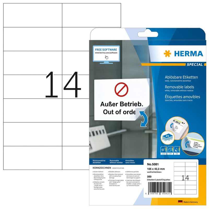 Herma Labels A4 White 105X42,3MM Despegable Paper 350 St.