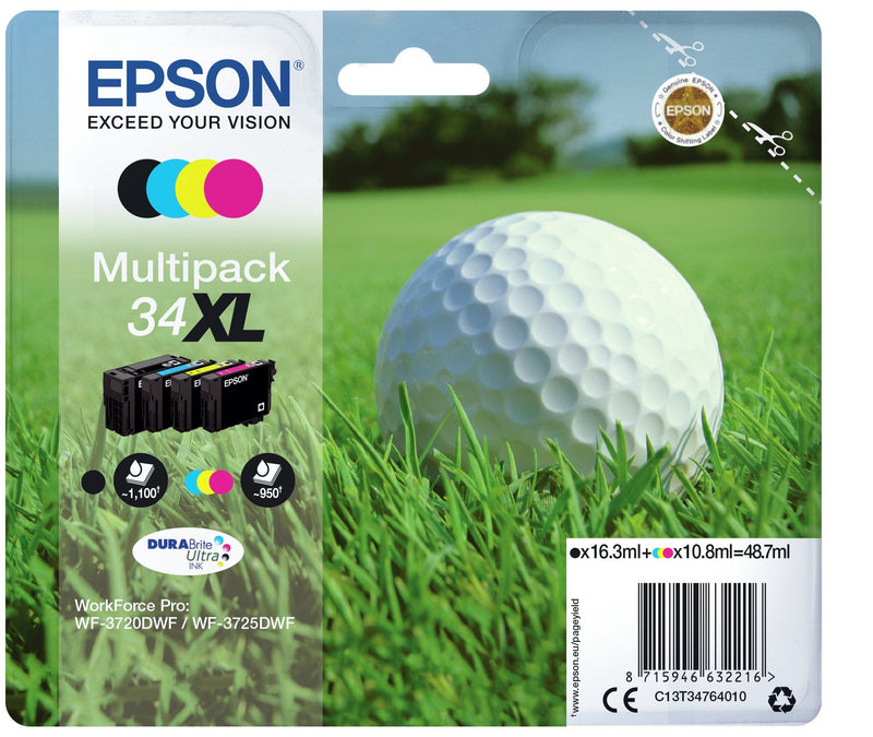 Epson Genuine Ink 34XL Paquete 4 XL Black Yellow Cyan Magenta Genuine Blister Workforce Pro WF-3720, WF-3720DW