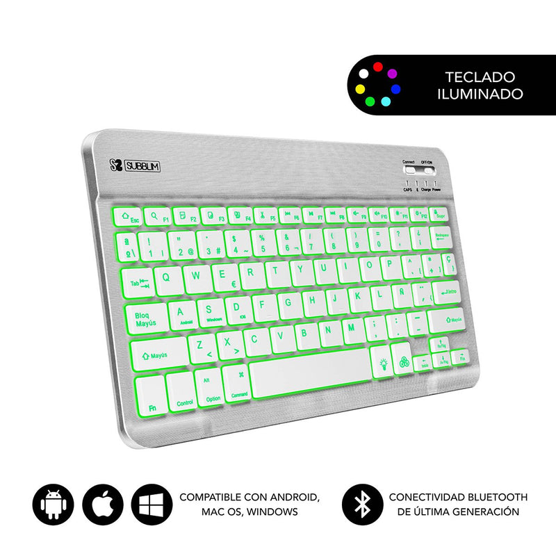 Subblim Keyboard Bluetooth SUB-KBT-SMBL30 Silver BT3.0 Keys Iluminadas Battery 420MAH Compatible Multidisposit