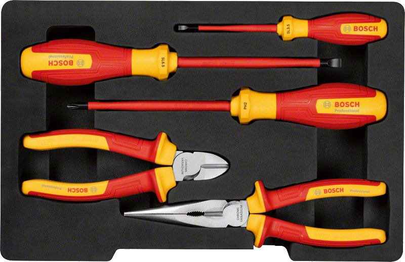 Bosch Professional Set Of Tools Mixtas Vde, 5 Pieces Red/Yellow Cortadores Laterales, Pliers Punta Fina, 3 Des