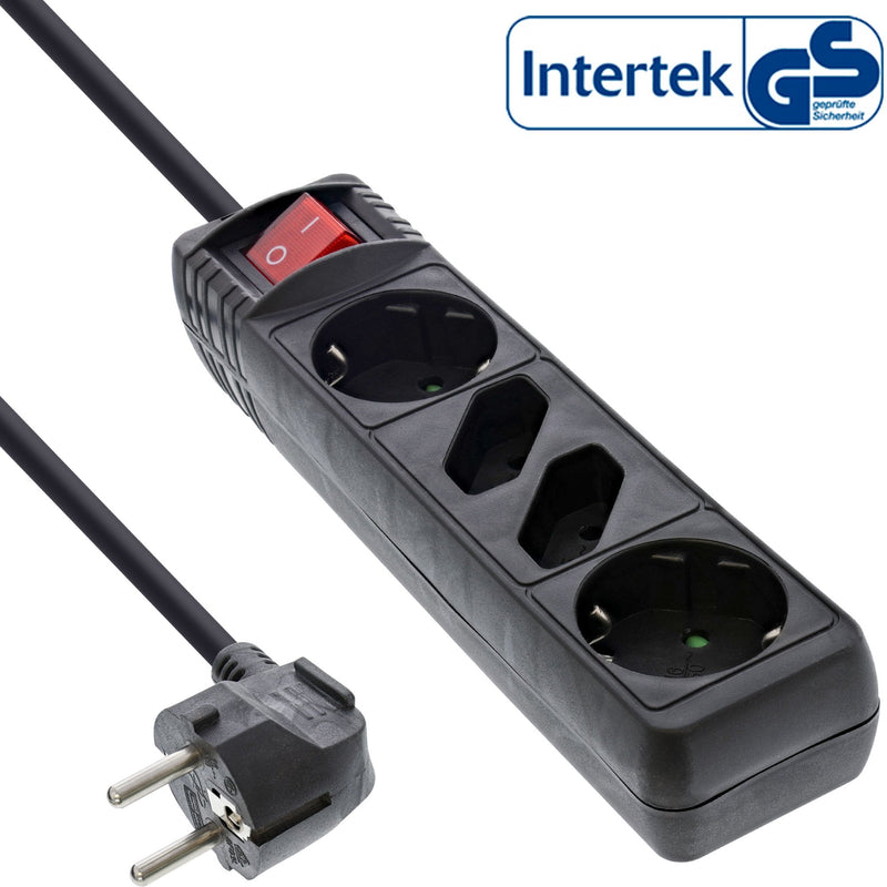 Inline Power Strip 4 Sockets 2X Type F + 2X Euro With Switch Black 5M