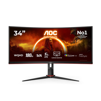 AOC Monitor CU34G2XP Bk 34 3440X1440 VA 180HZ High Adjustable Stand HDR400 Freesync Premium USB Hub 4X3.0 2XDP — image 1