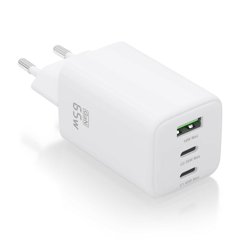 Aisens Charger GaN 65W, 2x USB-C PD 3.0 QC4.0, 1x USB-A QC3.0, White