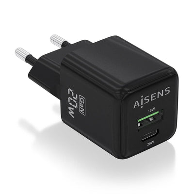 Aisens Charger GaN 20W - 1x USB-C PD 3.0 QC4.0 - 1x USB-A QC3.0 - Black — image 1