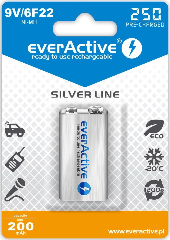 Everactive Battery Recargables Ni-mh 6F22 9V 250MAH Silver Line