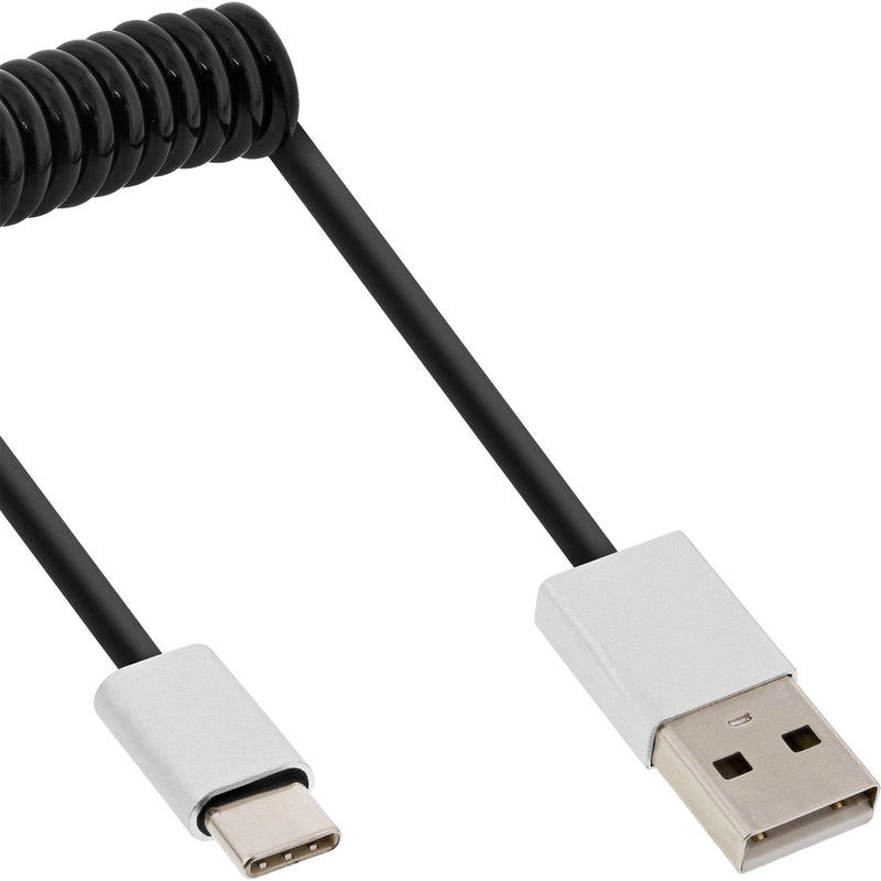 Inline Cable Espiral USB 2.0, Connector Type-c a Connector a, Black/Aluminium Flexible, 2M