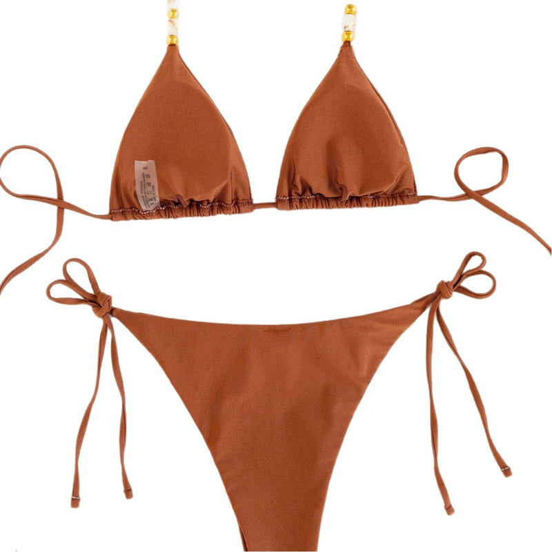 Solid Color Lace Up Bead Pendant Bikini Split Swimsuit