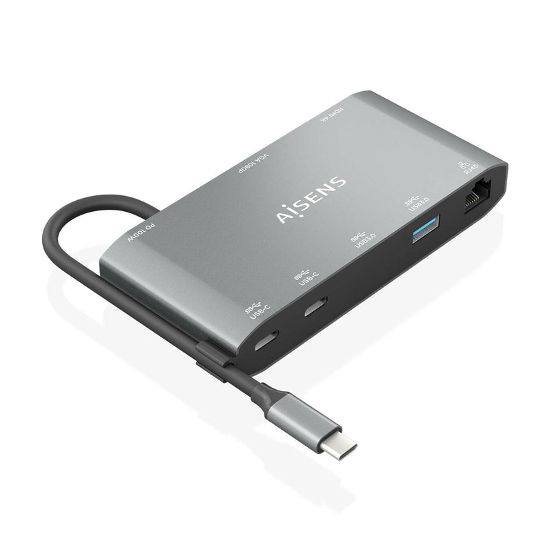 Aisens USB-C Dock 8 1 - USB-C a 1x HDMI - 1x VGA - 1x RJ45 - 2x USB-A - 2x USB-C 5G - 1x USB-C Pd - 20CM - Gre