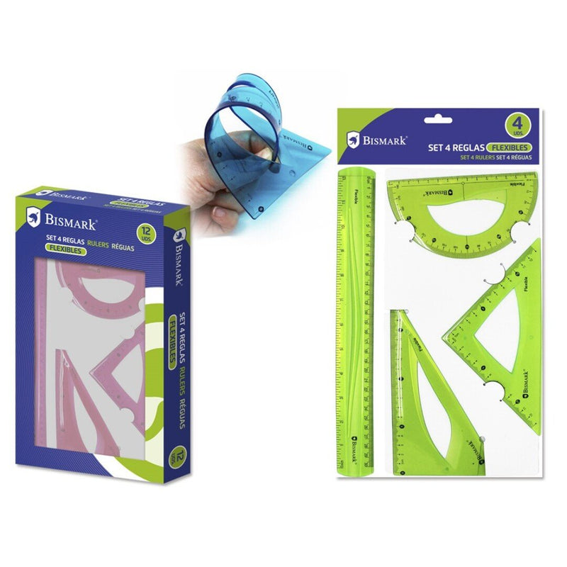 Bismark Pack 4 Reglas Flexibles - Regla Recta - Transportador - Escuadra - Cartabon - Colours Surtidos