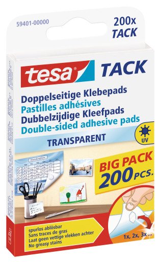 Tesa Almohadillas Adhesivas Tack, 200 Units Reutilizables, Transparentes