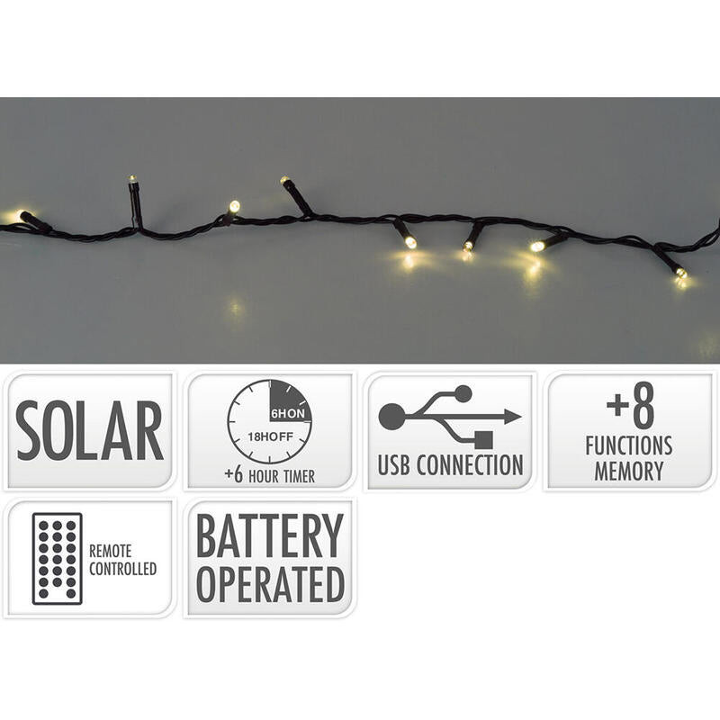 Guirnalda LED, 200 LED 8 Funciones Parpadeante Blanco Cálido, Solar. Basics