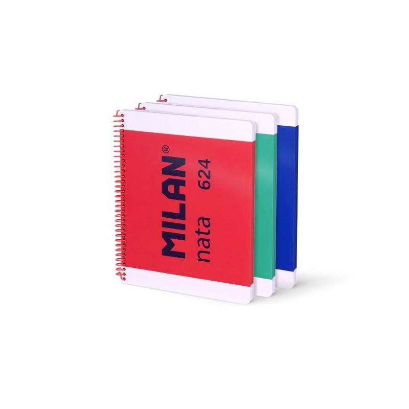 Milan Nata 624 Pack 3 Notebooks Espiral Formato A4 Cuadricula 5MM - 80 Hojas 95 Gr/M2 - Microperforado, 4