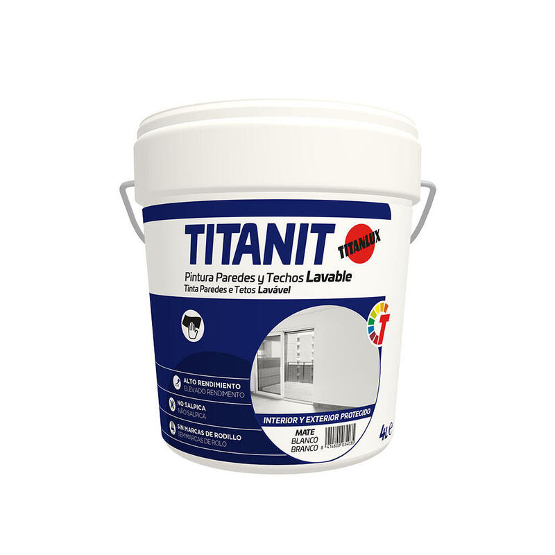 Pintura Paredes And Techos Washable Titanit Matte White Indoor And Exteriores Protegidos 4L Titanlux 029190004