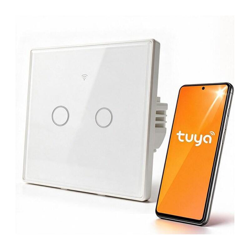 Qoltec Smart Touch 2-GANG Light Switch Wi-Fi Timer Tuya Smart Life Tempered Glass White