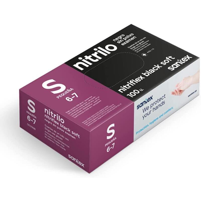 Santex Nitriflex Black Soft Pack 100 Gloves Nitrilo Examen Size S - Without Polvo - Libre Latex - Ambidiestros