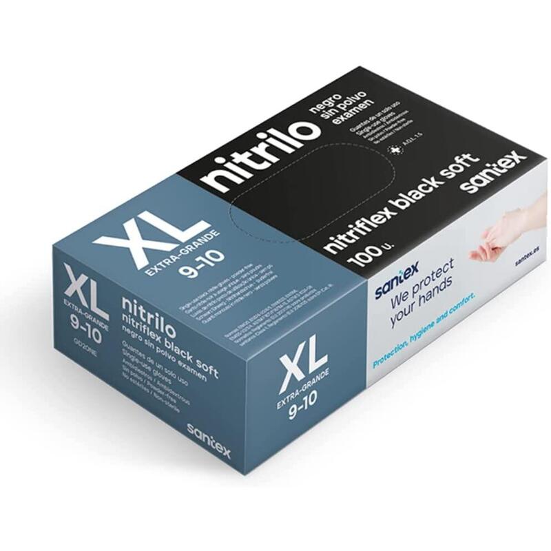 Santex Nitriflex Black Soft Pack 100 Gloves Nitrilo Examen Size XL - Without Polvo - Libre Latex - Ambidiestro